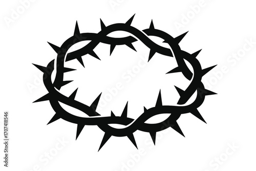 Crown of thorns silhouette. Jesus Christ passion symbol. Christian religious vector icon for Easter. Crucifixion, suffering, and salvation concept. Biblical faith illustration.