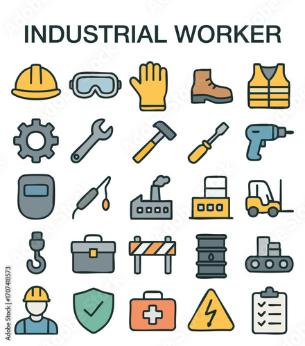 Industrial Worker and Factory Equipment Icons for Safety, Construction, and Manufacturing Operations