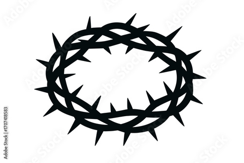 Crown of thorns silhouette. Jesus Christ passion symbol. Christian religious sign of crucifixion and sacrifice. Easter Holy week graphic element. Vector icon illustration.
