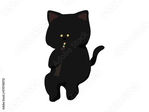 black cat playing oboe illustration, cute storybook style	
