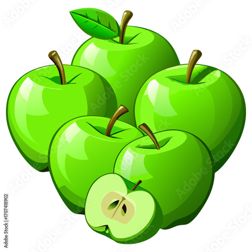 Create a high-resolution, realistic image of several fresh green apples (Granny Smith variety) arranged artistically on a white background. Include a mix of whole apples, halved apples, and apple slic