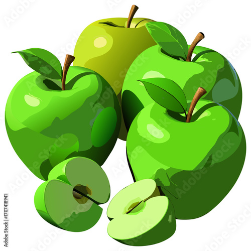 Create a high-resolution, realistic image of several fresh green apples (Granny Smith variety) arranged artistically on a white background. Include a mix of whole apples, halved apples, and apple slic