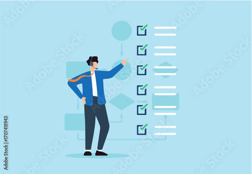 Flat illustration of consultant communicating task checklist during voice call using headset in business workflow system