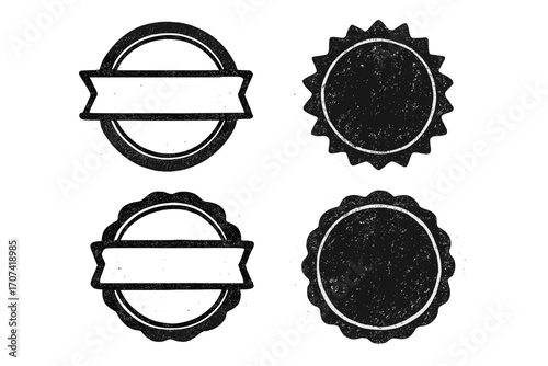 Grunge badge sticker icon set. Retro distressed stamps and labels collection. Vintage seal and emblem with blank ribbon banner for text. Vector graphic design elements.