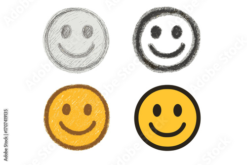 Set of hand-drawn smiley faces. Pencil sketch, charcoal doodle, and crayon texture smile icons. Vector collection of happy emoticons with grunge and clean styles. Cute positive emotion symbols.