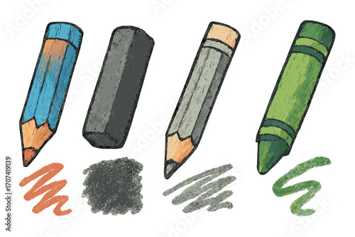 Vector set of drawing tools. Hand-drawn cartoon illustration of colored pencil, charcoal stick, graphite pencil, and wax crayon with sample texture strokes and scribbles.