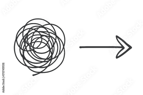 Chaos to order concept. Tangled scribble to straight line arrow. Problem solving metaphor. Confusion to clarity. Process of simplification and strategy. Messy to organized.