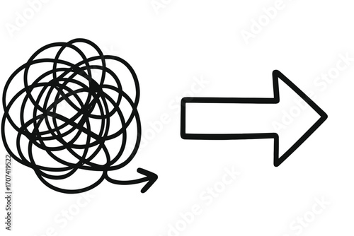 Chaos to order concept. From complex to simple. Tangled scribble line to straight arrow. Problem solving, confusion to clarity. Solution, process, business metaphor.