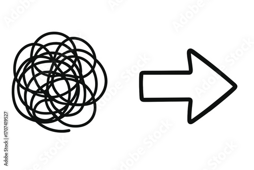 Chaos to order concept. Tangled messy scribble becomes a straight arrow. Problem solving and solution metaphor. Simplify complexity. From mess to clarity and direction. Process.