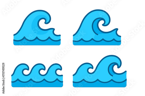 Wave icon set. Sea water symbol collection. Flat cartoon vector illustration. Ocean tsunami swirl logo. Aqua flow sign. Marine surf element. Blue storm ripple graphic isolated.