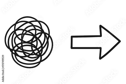 Simplifying complexity, from chaos to order. Metaphor for problem solving, business process improvement, and strategy. From tangled mess to a clear direction with an arrow.