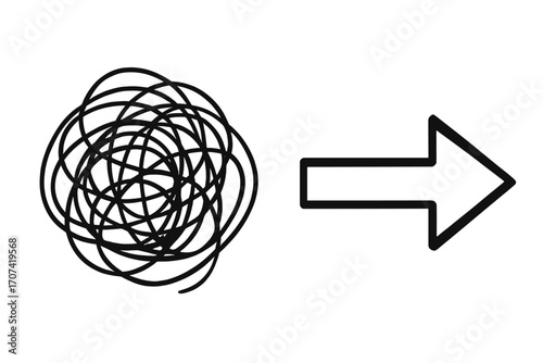 Chaos to order metaphor. Simplify complexity. Tangled scribble to straight arrow. Problem solving, strategy, business consulting. Mental health, therapy, finding solution.