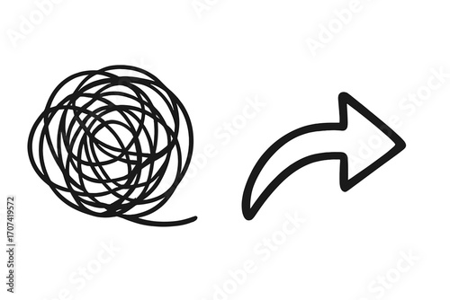 Chaos and order concept. From complex to simple. Tangled scribble turning into a straight arrow. Problem and solution metaphor. Business strategy and process simplification.