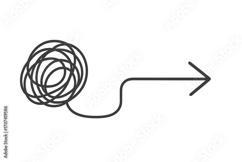 From chaos to order. Complexity to simplicity. Problem solving concept. Tangled messy line untangles into straight arrow. Finding solution, clarity and strategy. Business process.