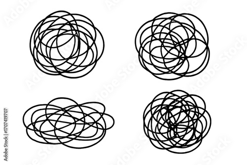 Set of tangled scribble lines. Chaos, confusion, and complexity metaphor. Hand-drawn vector for concepts of messy mind, stress, problem-solving, and anxiety. Abstract doodle.