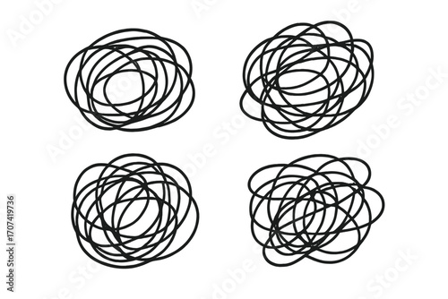 Tangled scribble line art. Hand drawn chaos. Metaphor for messy mind, confusion, anxiety, stress. Complex problem solving concept. Abstract doodle vector illustration set.