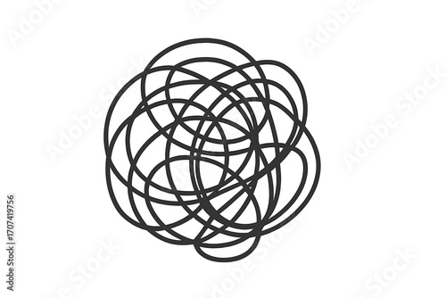 Metaphor for messy thoughts, chaos, and confusion. Tangled scribble line knot. Abstract scrawl concept for problem solving, stress, anxiety, depression, and mental disorder.