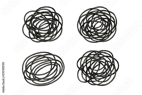 Set of tangled scribble shapes. Hand-drawn vector illustration. Metaphor for chaos, confusion, anxiety, and complex problems. Messy mind, stress, and disorder concept.