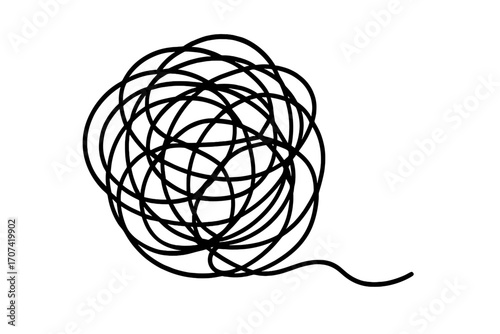 Tangled chaotic line as a metaphor for confusion, anxiety, stress, and messy thoughts. Problem solving and psychotherapy concept. Unraveling knot, finding a solution or order.