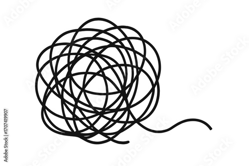 Tangled thread as a metaphor for mental health, anxiety, and confusion. Messy scribble icon representing a complex problem, chaos, and disorder. Psychology vector line art.