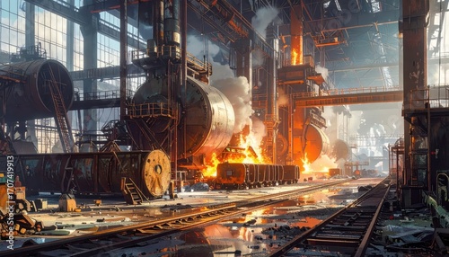A vast industrial facility, filled with massive metal structures and fiery processes, showcases the powerful energy of a steel mill.