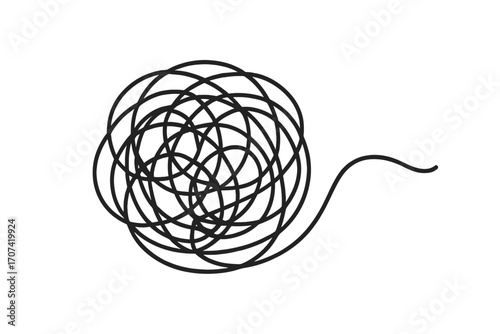 Tangled line chaos concept. Unraveling tangled knot. Metaphor for problem solving, confusion, stress. Psychotherapy and psychology concept. Messy mind. Mental health issues.