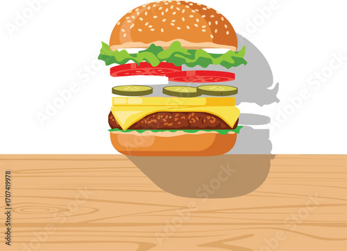 Classic Cheeseburger with Fresh Veggies Flat Lay Vector