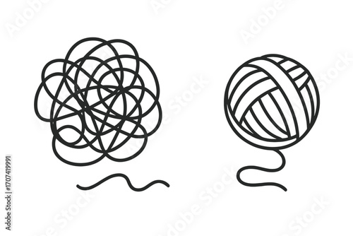Metaphor for solving problems. Tangled and untangled thread. Chaos and order. From complex to simple. Messy and neat path. Psychology, psychotherapy symbol. Confusion.