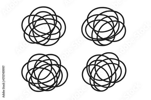 Set of tangled line icons. Chaos, confusion, and complexity symbol. Messy scribble knot. Metaphor for problem solving, complicated process, or mental clutter. Abstract doodle.