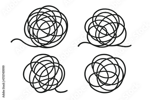 Set of tangled scribble clews. Metaphor for chaos, confusion, and order. Complex problem solving concept. Psychology and mental health illustration for messy mind process.