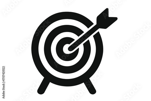Target with arrow in the center bullseye. Goal achievement, success, and business objective concept. Vector icon for aim, focus, and marketing strategy. Mission accomplished.