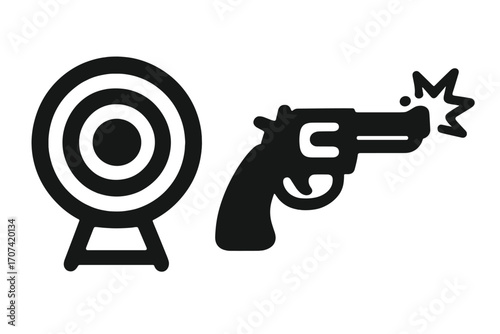 Shooting range concept with gun and target icon. Vector silhouette of a revolver firing at a bullseye. Metaphor for goal, aim, accuracy, and business success. Sport shooting.