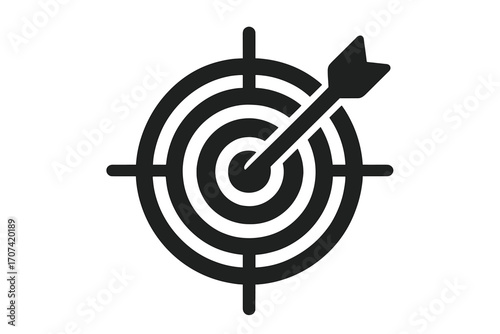 Target with arrow in the bullseye. Vector icon for business goal and success. Marketing strategy concept. Symbol of accuracy, focus, objective, and achievement. Aiming.