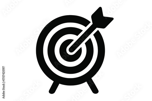Target with arrow in the bullseye icon. Business goal achievement and success concept. Metaphor for accuracy, focus, and precision. Simple vector silhouette illustration.