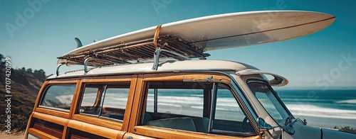 Classic wooden wagon with surfboards on roof, beach view