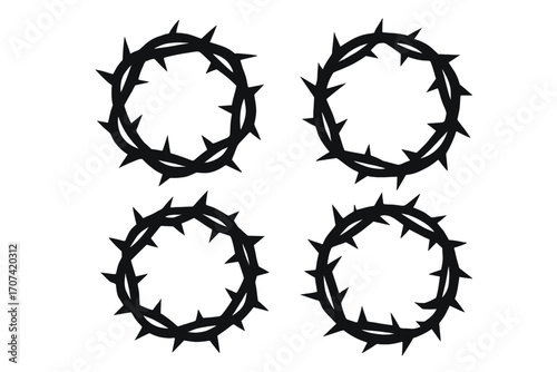 Set of thorn crowns silhouette. Christian symbol of the passion of Jesus Christ. Religious vector icon for Easter. Metaphor for suffering, sacrifice, martyrdom, and pain.