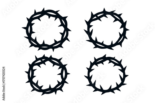 Crown of thorns vector icon set. Jesus Christ passion symbol. Christian religious silhouette graphic for Easter. Crucifixion, suffering, and sacrifice conceptual illustration.