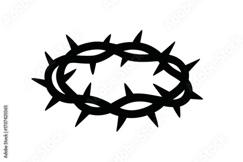 Crown of thorns silhouette, symbol of the passion of Jesus Christ. Religious Christian icon of crucifixion, suffering, and Easter. Holy week vector graphic illustration.