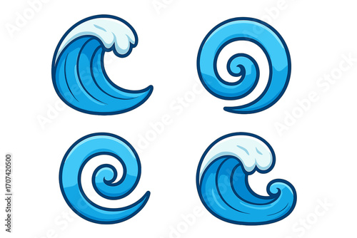 Wave icon set. Vector cartoon illustration of ocean and sea waves. Blue water swirl, spiral, and surf symbols for logo design. Flat style graphic element collection.