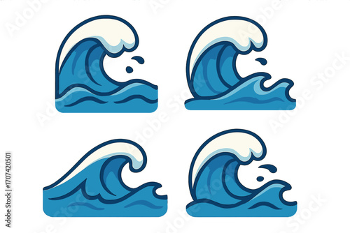 Set of blue ocean wave icons. Flat style vector cartoon illustration. Sea water surf splash symbol collection. Aqua liquid graphic element for logo design. Nature storm tide concept.