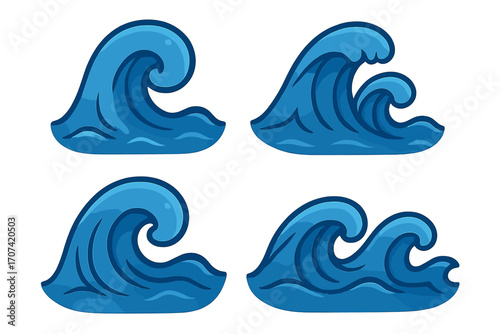Wave icon set. Ocean sea water symbol collection. Flat cartoon vector illustration. Surf splash tide current graphic element. Marine nature liquid aqua design element.