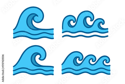 Wave icon set. Ocean water symbol collection. Sea surf logo element. Flat cartoon vector illustration. Aqua flow graphic. Marine tide sign. Nature liquid splash design.