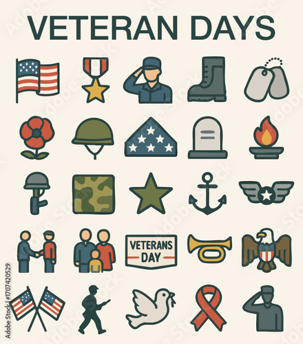 Veterans Day and Military Service Icon Set – Patriotism, Soldiers, Memorial, and Honor