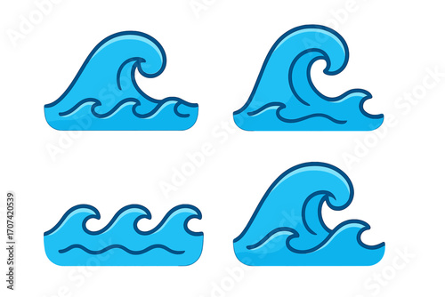 Wave icon set vector. Sea, ocean water logo symbol. Surf swirl, tidal flow sign collection. Aqua, marine ripple element. Blue liquid splash. Nature, travel, summer concept.