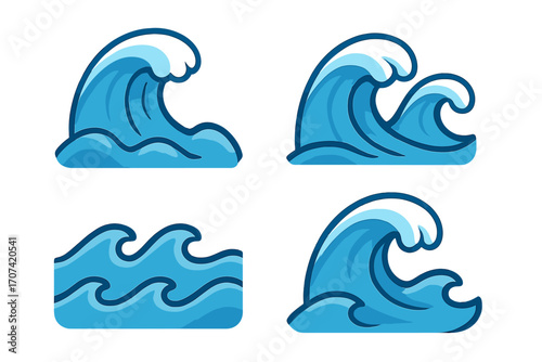 Wave icon set. Sea, ocean, water waves collection. Vector cartoon illustration in flat style. Surf and swirl symbol. Aquatic, marine, ripple, tide and tsunami icons.