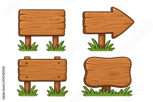 Wooden signboard set, cartoon vector illustration. Blank wood signs & arrow pointer in grass for game UI. Empty rustic timber plank banners & guideposts collection.