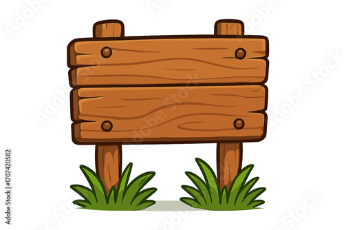 Cartoon wooden signboard vector illustration. Blank rustic wood signpost with grass. Empty banner or plaque for game or web design. Information board icon template.