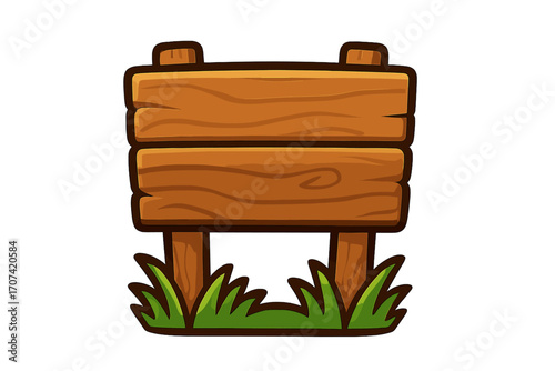 Cartoon wooden sign vector icon. Blank rustic signboard with grass decoration. Empty wood plank for text or message. Game UI asset, information billboard, pointer.