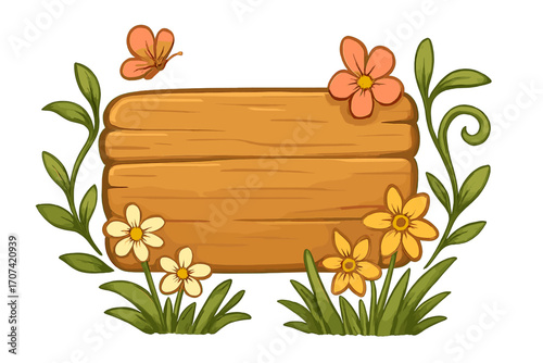 Wooden sign with flowers and grass. Cartoon vector illustration for spring or summer. Blank rustic signboard for text. Nature themed decorative floral frame with butterfly.