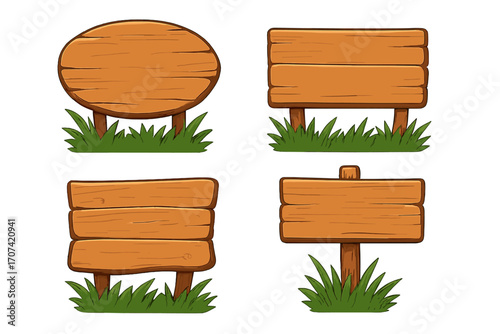 Wooden signboard set in grass. Vector cartoon illustration collection of empty wood plank signs. Blank rustic billboards and pointers for direction, information, announcement. Game UI.